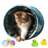 kedi tüneli içerisinde kedi, kedi oyuncakları ile oynamaya hazırlanıyor