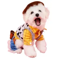 yelekli, kovboy köpek kıyafeti ile beyaz, ağzı açık maltipoo köpek