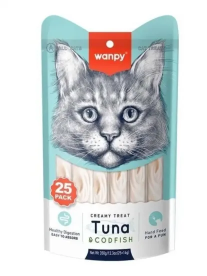 Wanpy Ton Balığı ve Morina Balıklı Sindirim Sistemi Destekleyici Krema Kedi Ödül Maması 25x14 gr